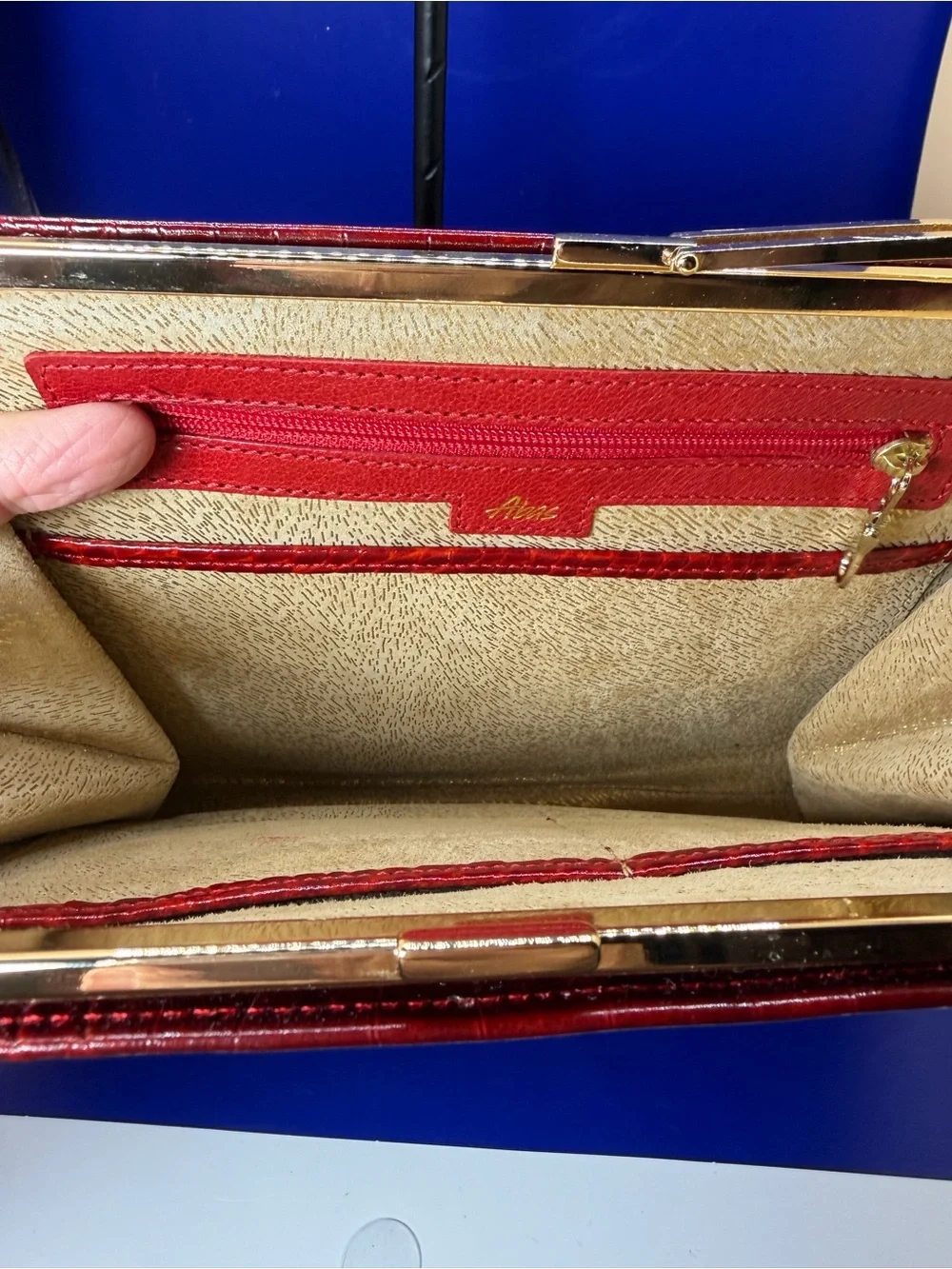 Abas Red Croc-Embossed Leather Clutch with Gold Accent